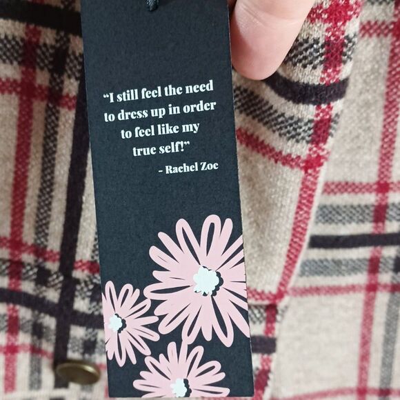 Rachel Zoe NWT Plaid Moto Jacket Sz M Zip Front Snap Pockets Red Beige Check - Picture 9 of 10